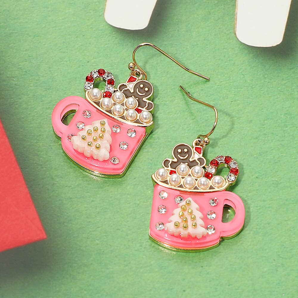 Gingerbread Man Pearl Bubble Holiday Cocoa Mug Dangle Earrings: Pink
