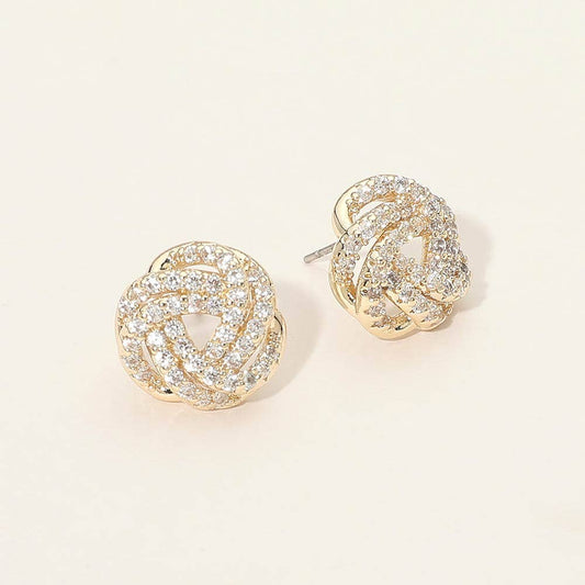 14K Gold Plated CZ Stone Paved Intertwined Knot Stud Earrings
