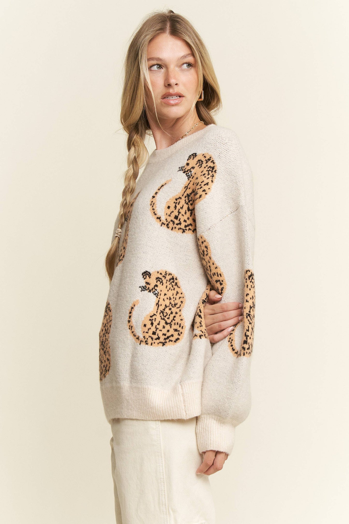 CHEETAH CONTRAST TRIM LONG SLEEVE SWEATER