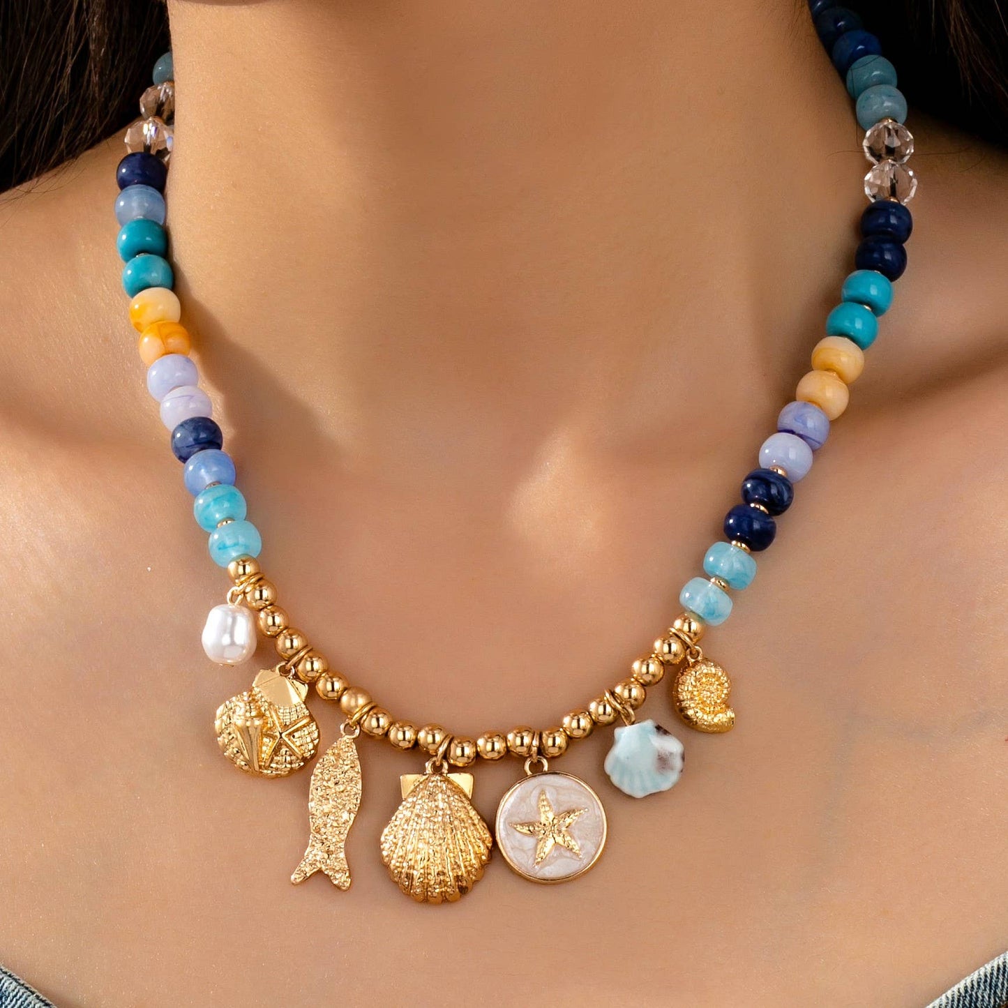 Nautical Blue Beaded Sealife Charm Necklace | 80N92927