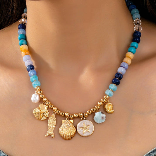 Nautical Blue Beaded Gold Plated Sealife Charm Necklace