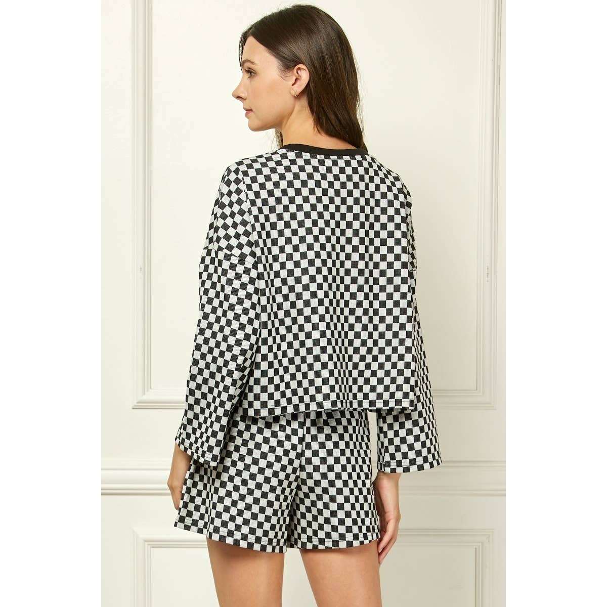 Checker Jersey Long Sleeve Top : Brown / S