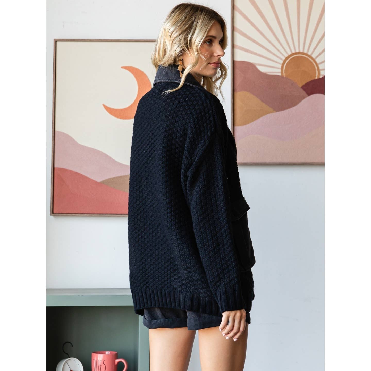 Knit Body Denim Layerd Jacket: Grey / Denim / S