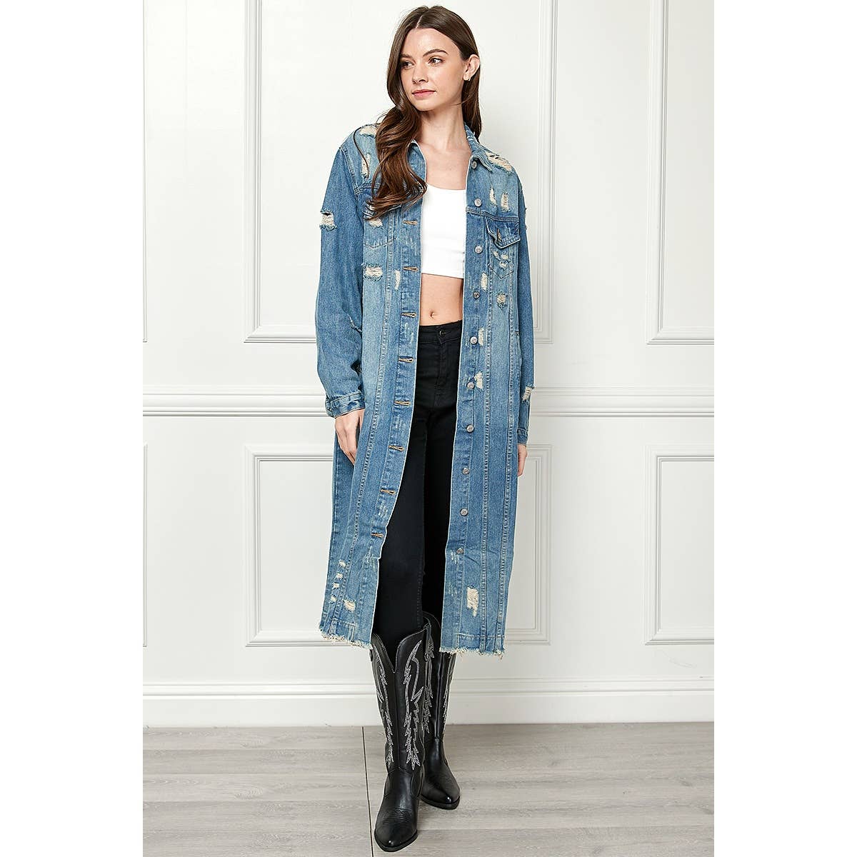 Distressed Long Denim Jacket: Med Wash / L