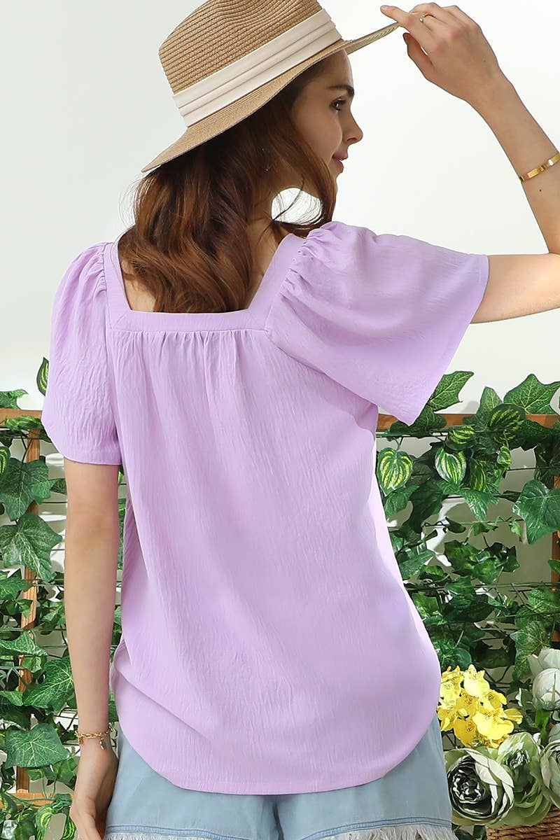 PLUS SQAURE NECK RUFFLE NECK SHORT SLEEVE BLOUSE