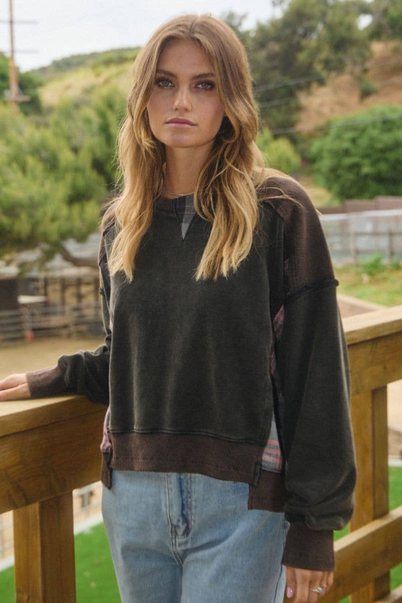 Acid Washed Plaid Sweatshirts: Washed Black / L