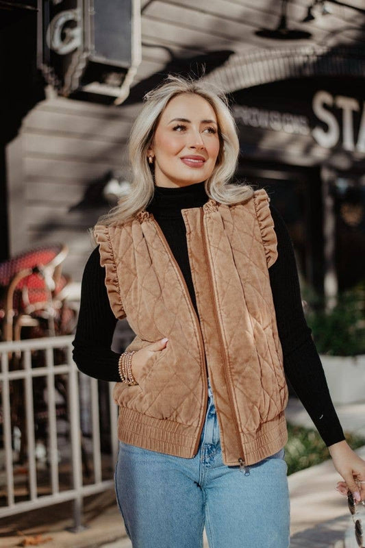 Garment Washed Quilted Ruffle Sleeve Vests