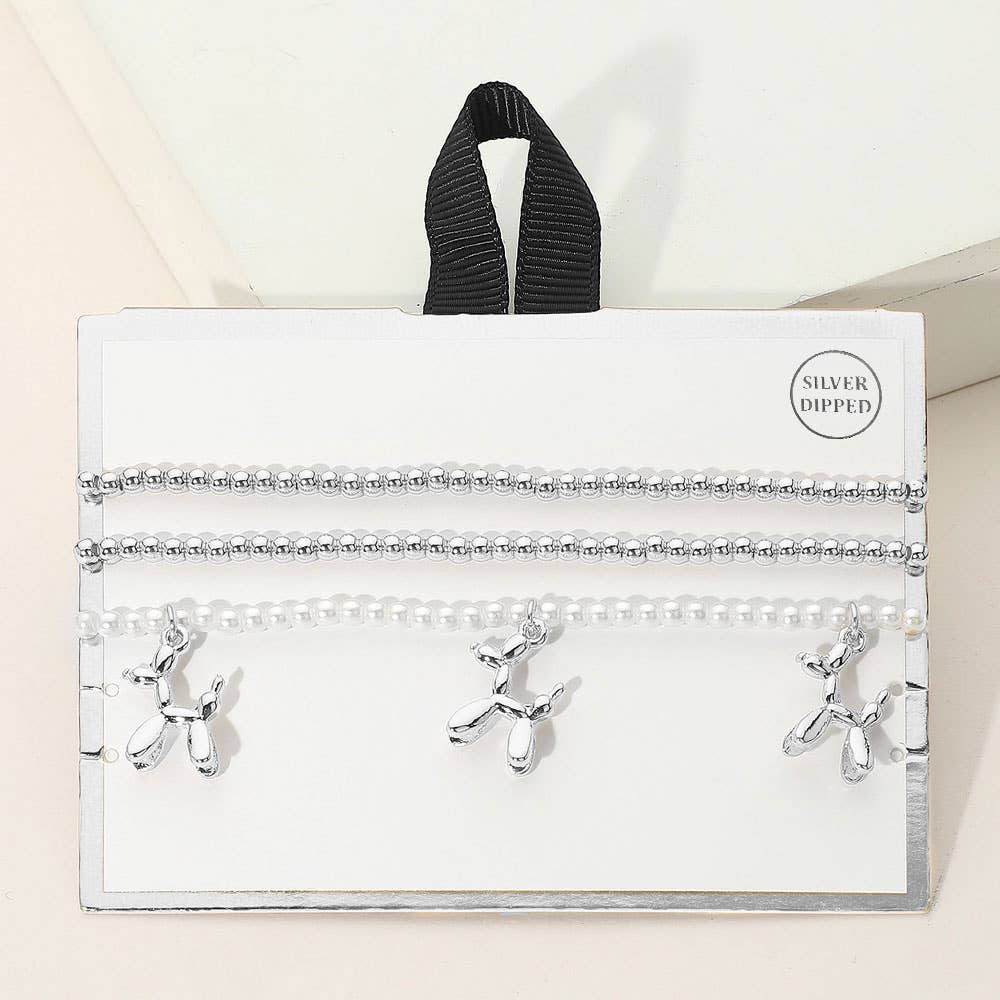 3PCS - Gold Dipped Balloon Dog Charm Metal Ball Pearl Beaded Stretch Multi Layered Bracelets