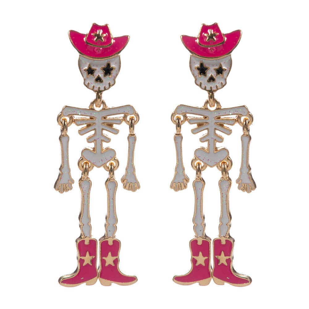 Western Cowboy Halloween Skeleton Earrings: Hot Pink