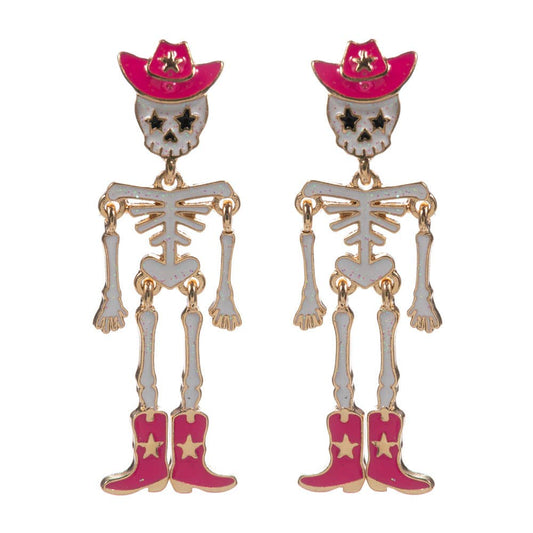 Western Cowboy Halloween Skeleton Earrings: Hot Pink