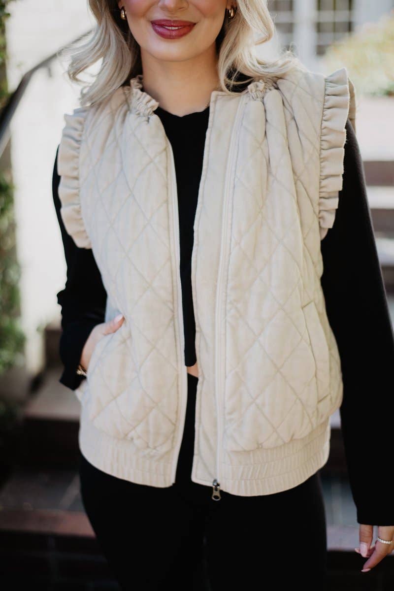 Garment Washed Quilted Ruffle Sleeve Vests