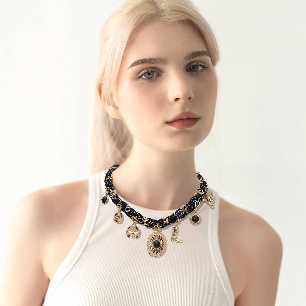 Western Themed Charm Fabric Braided Necklace: Beige,Gold