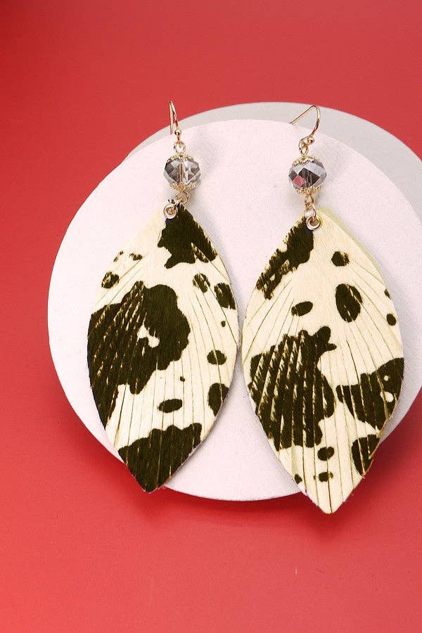 J53. FAUX LEATHER ANIMAL PRINT LEAF EARRING