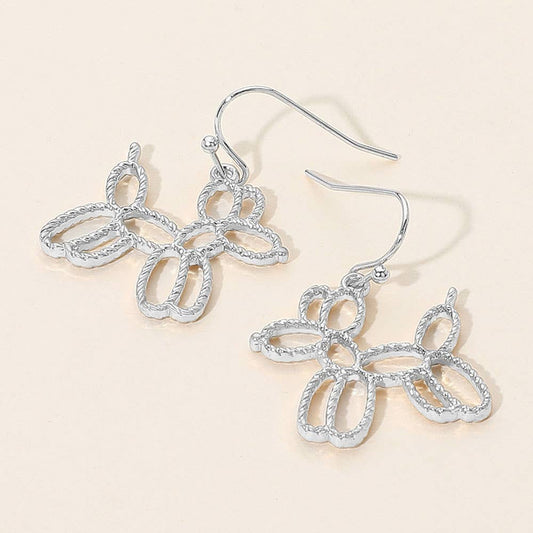 Textured Metal Open Balloon Dog Dangle Earrings: Silver