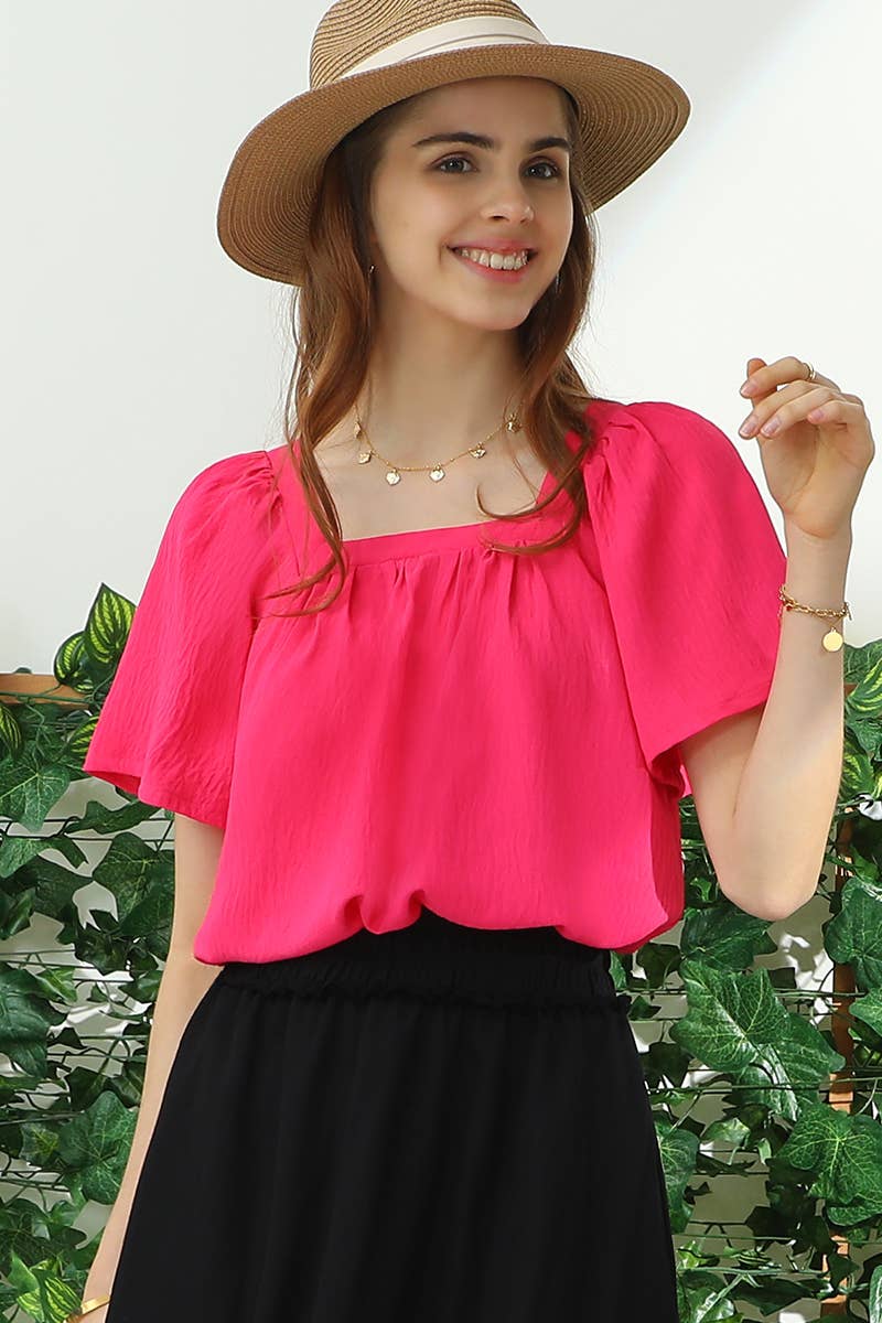 PLUS SQAURE NECK RUFFLE NECK SHORT SLEEVE BLOUSE