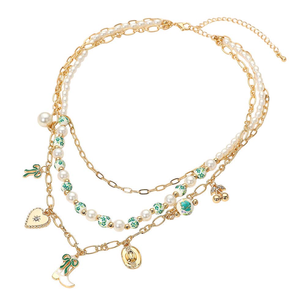 Western Cowboy Boot Hat Bow Cherry Heart Charm Station Pearl Floral Ceramic Ball Beaded Layered Necklace: Gold Green