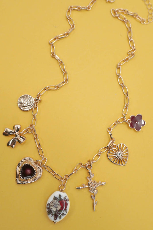 CHARM NECKLACE-HEART PORCELAIN FLOWER BOW CROSS | 80N92072: GOLD