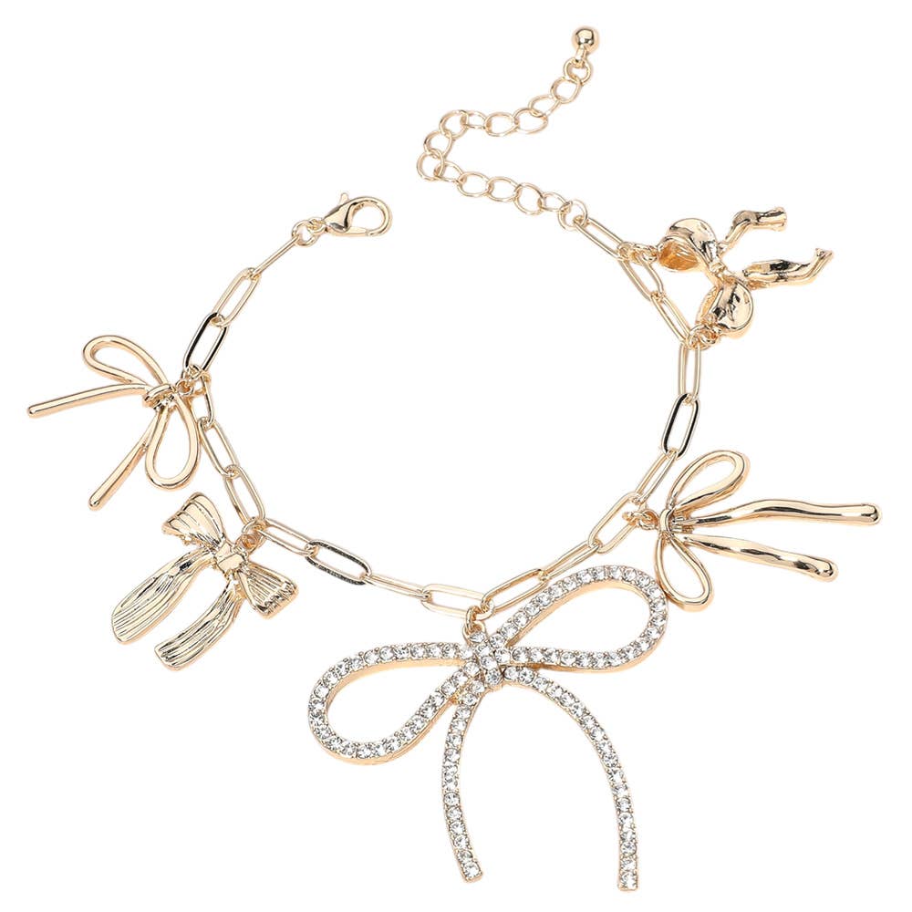 Stone Paved Bow Metal Bow Charm Station Paperclip Bracelet: Gold