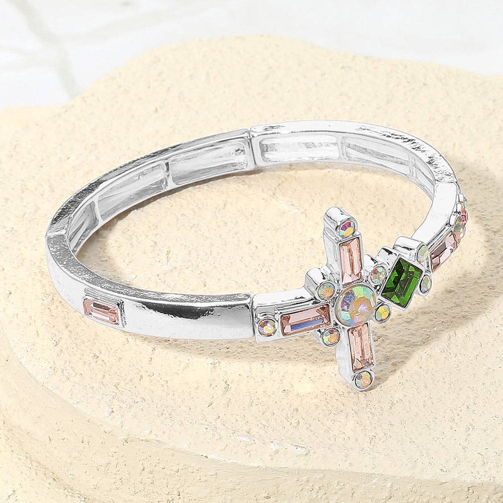 Mixed Stone Cross Accent Stretch Bracelet