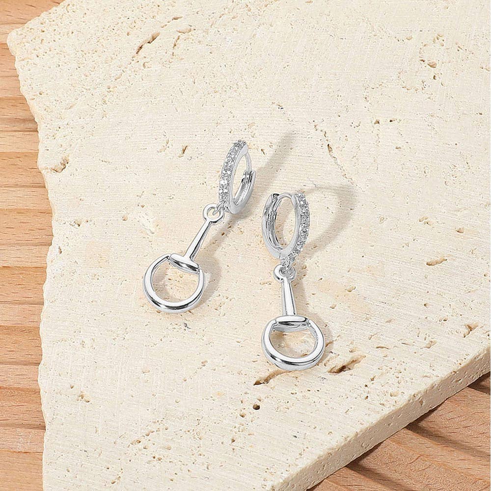 Stone Paved Huggie Hoop Accent Horsebit Drop Earrings