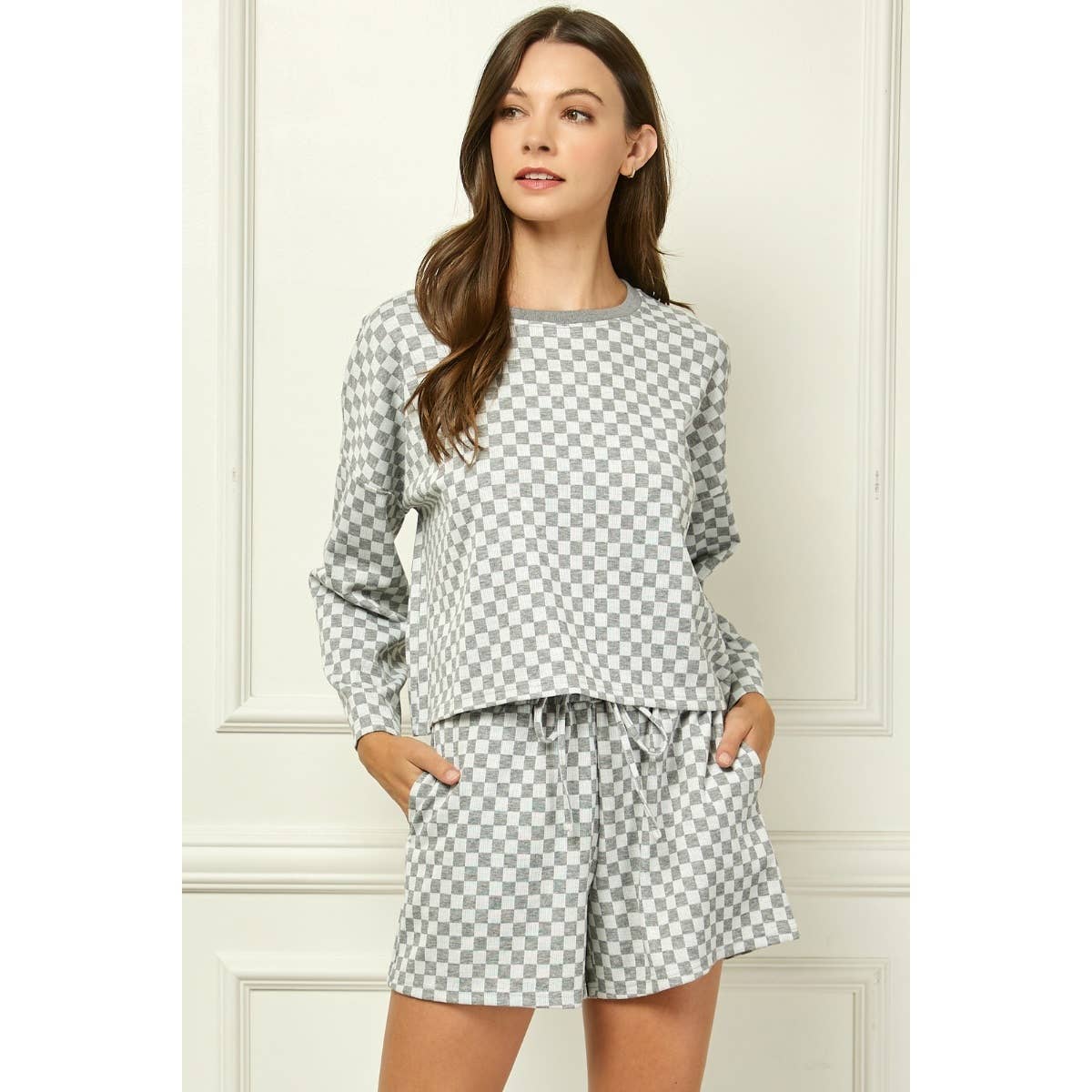 Checker Jersey Long Sleeve Top : Brown / L