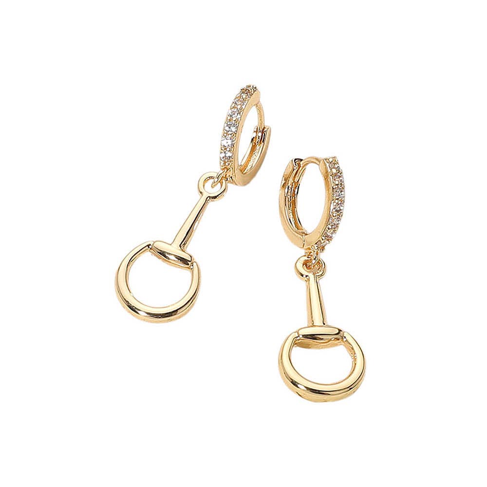 Stone Paved Huggie Hoop Accent Horsebit Drop Earrings
