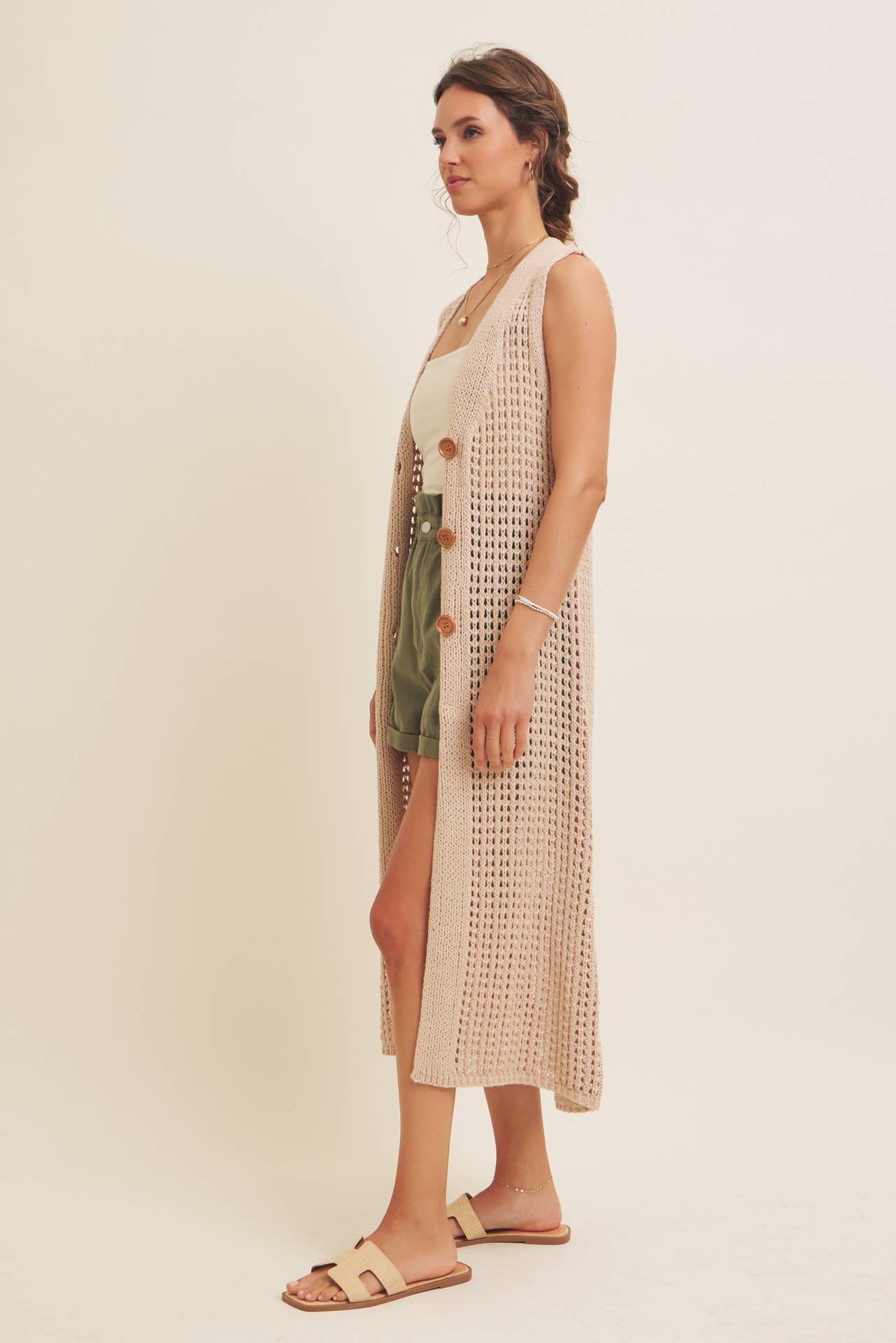 BUTTON-DOWN OPEN KNIT SLEEVELESS MIDI SWEATER CARDIGAN