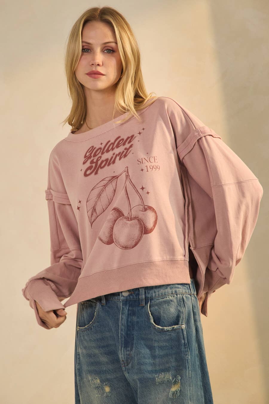 Acid Washed French Terry Cropped Sweatshirt: Washed Blush / L