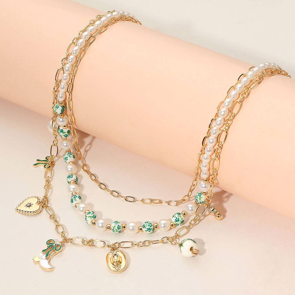 Western Cowboy Boot Hat Bow Cherry Heart Charm Station Pearl Floral Ceramic Ball Beaded Layered Necklace: Gold Green