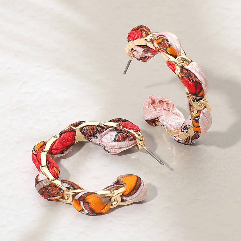 Boho Braided Scarf Fabric Hoop Earrings: Gold,Ivory