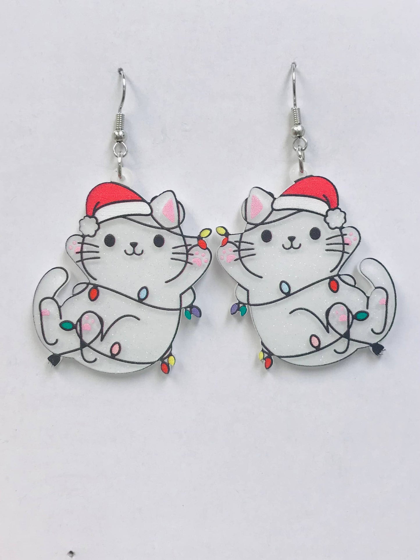 Cat Rolling with Christmas Lights Earrings Acrylic: White