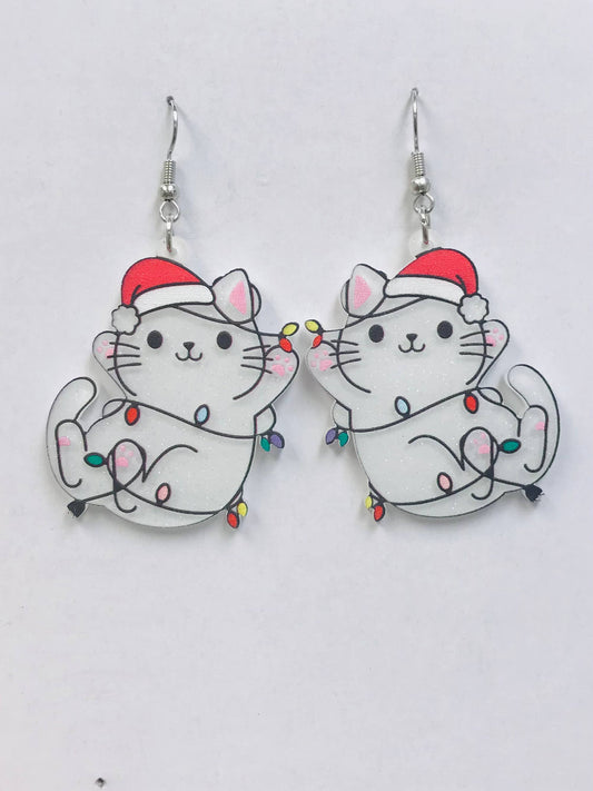Cat Rolling with Christmas Lights Earrings Acrylic: White