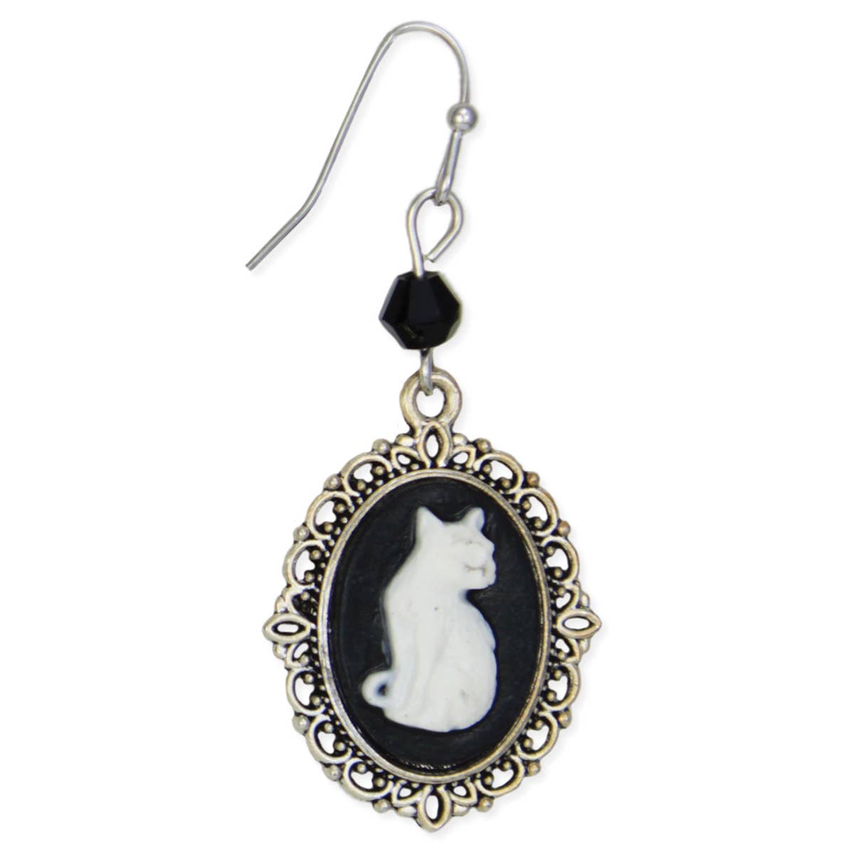 Silver Black Cameo White Cat Earrings
