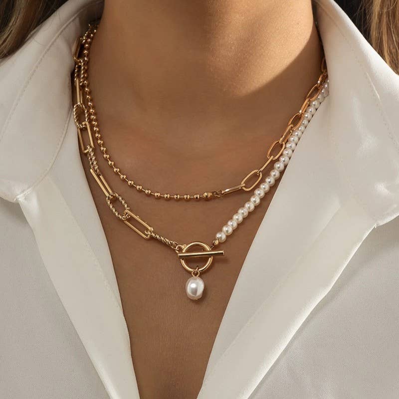 J35. PEARL MIX DOUBLE LAYER TOGGLE NECKLACE | 40NK9460