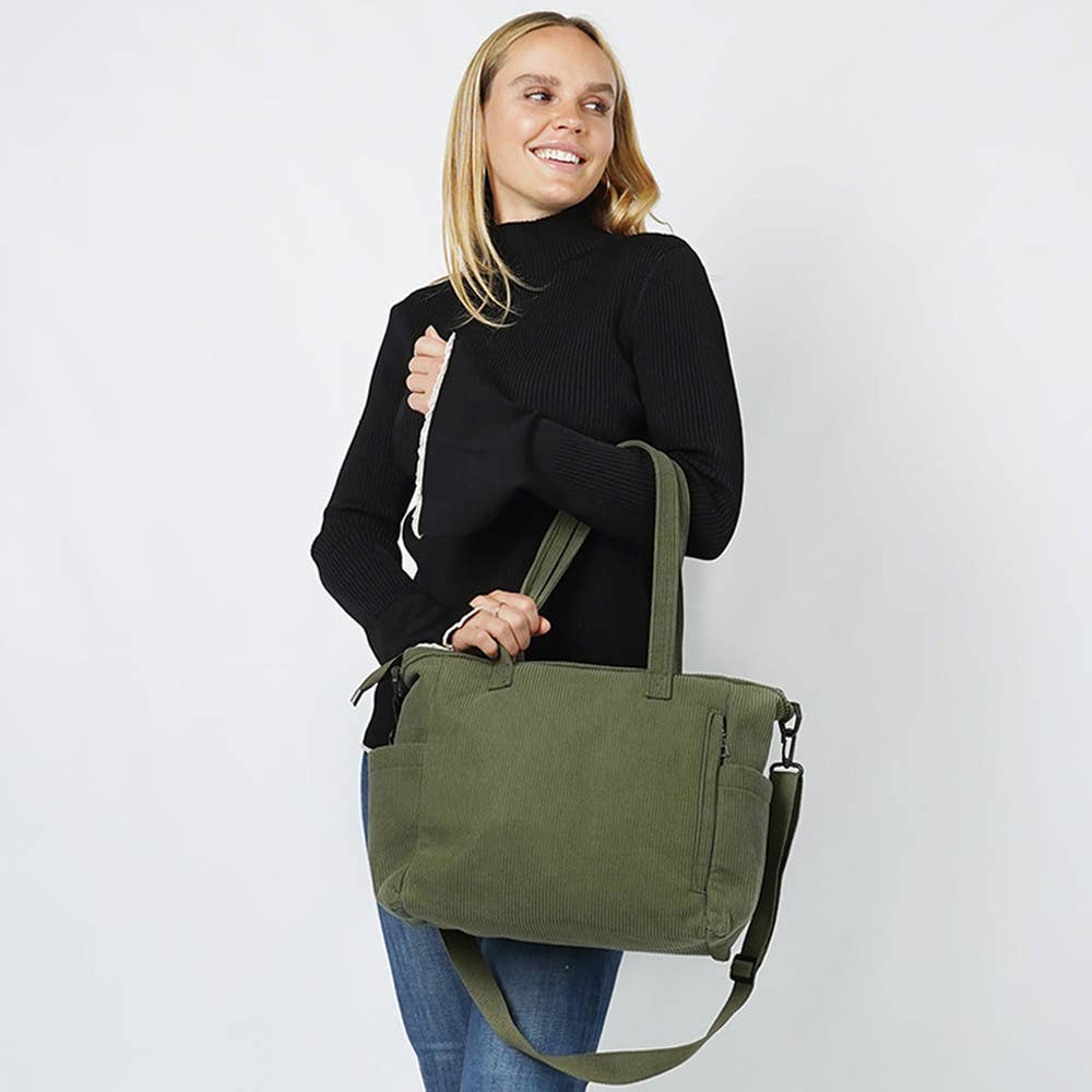 Multi Pocket Corduroy Tote Bag: Olive Green