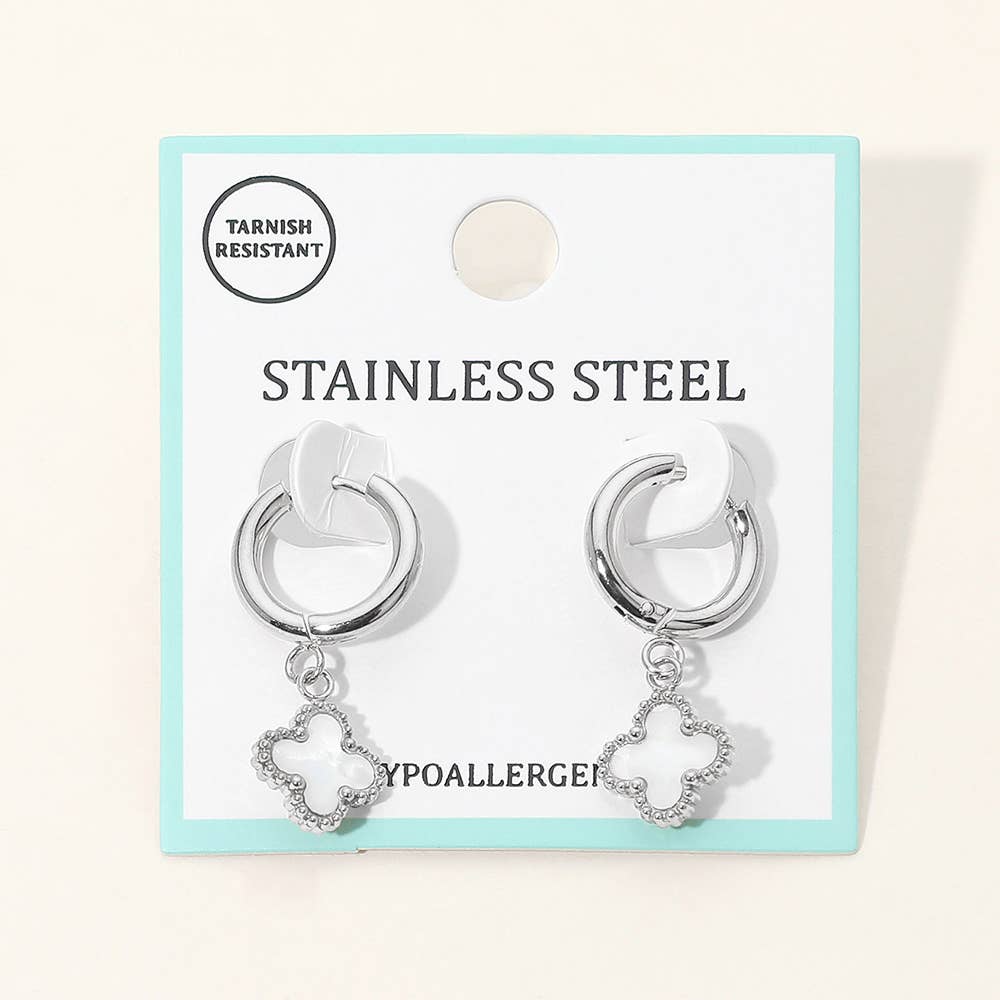 J11. Stainless Steel Quatrefoil Charm Drop Dangle Huggie Hoop Earrings