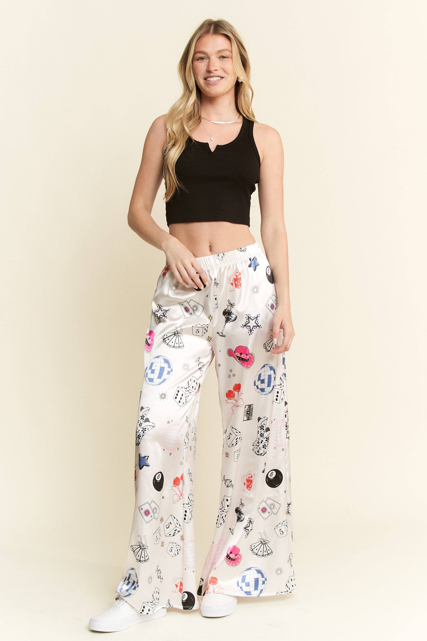 PARTY COLLAGE SATIN PANTS: Black / XL