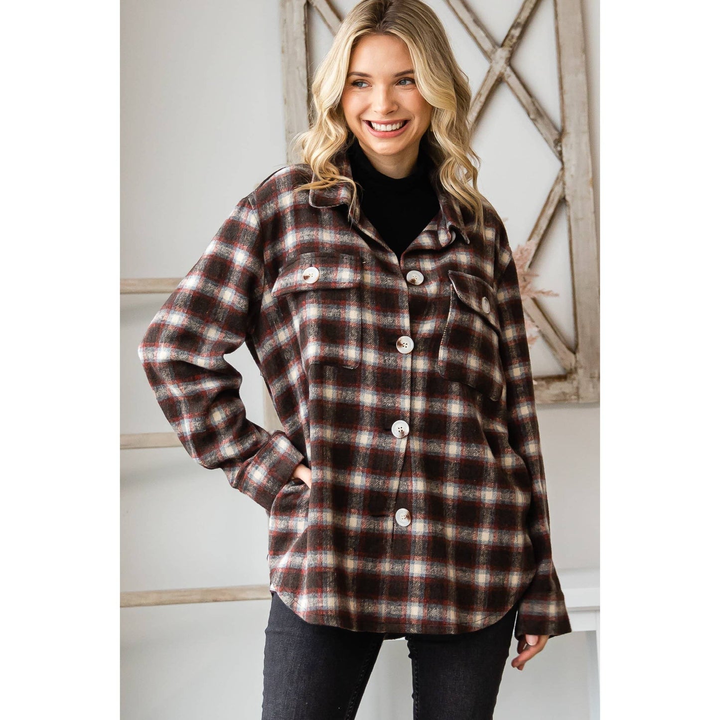 VJ71471 - Classic Plaid Shirts Jacket: Brown Combo / L