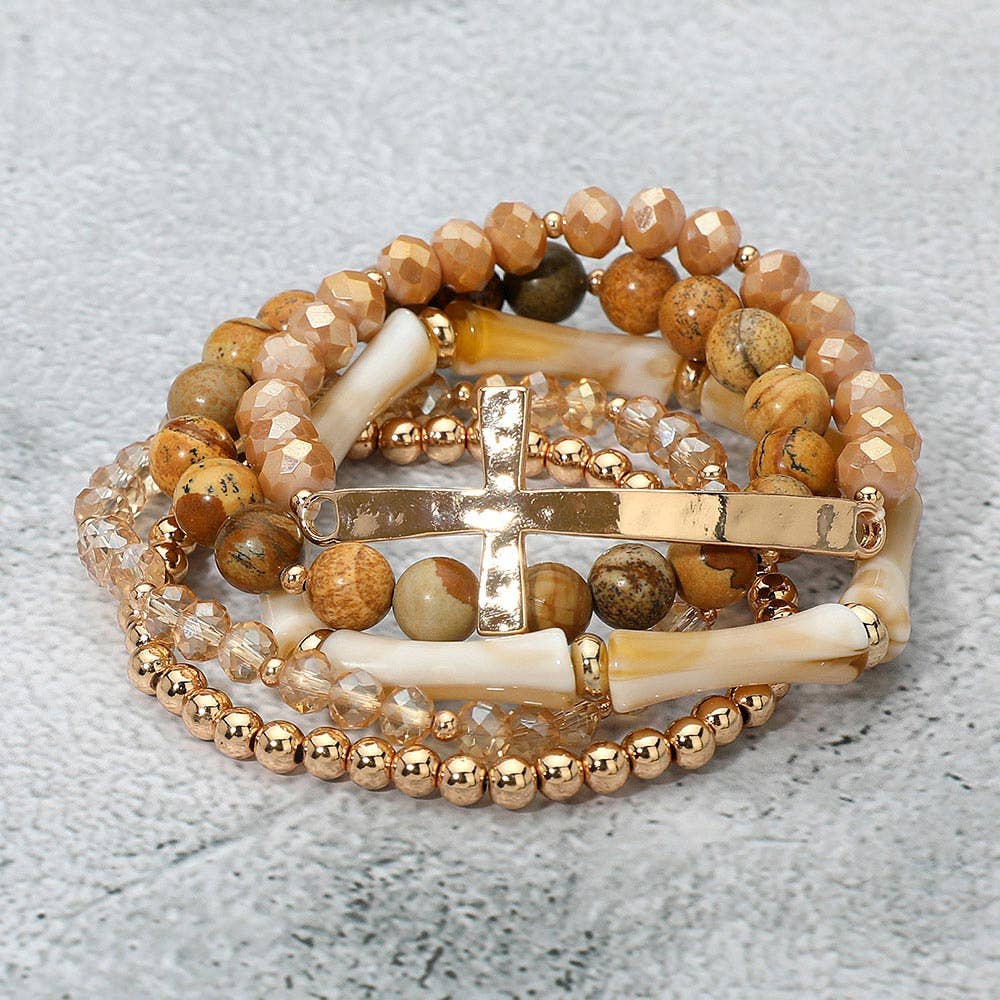 5PCS - Metal Cross Accent Resin Bamboo Bar Faceted Beaded Stretch Multi Layered Bracelets