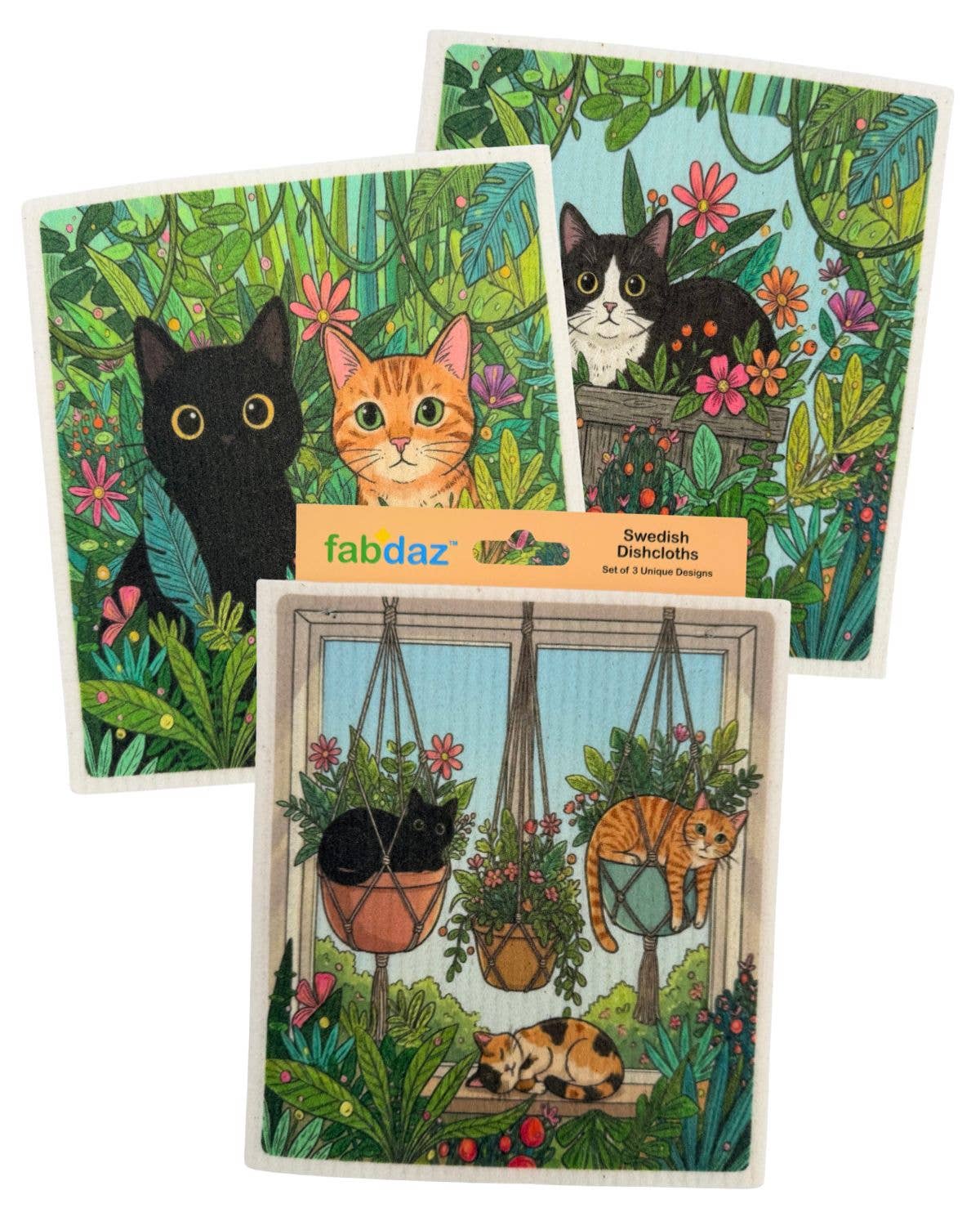 Cats with Plants - Set of 3 - Swedish Dishcloths