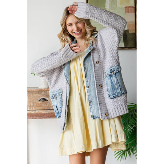 Knit Body Denim Layerd Jacket: Grey / Denim / S