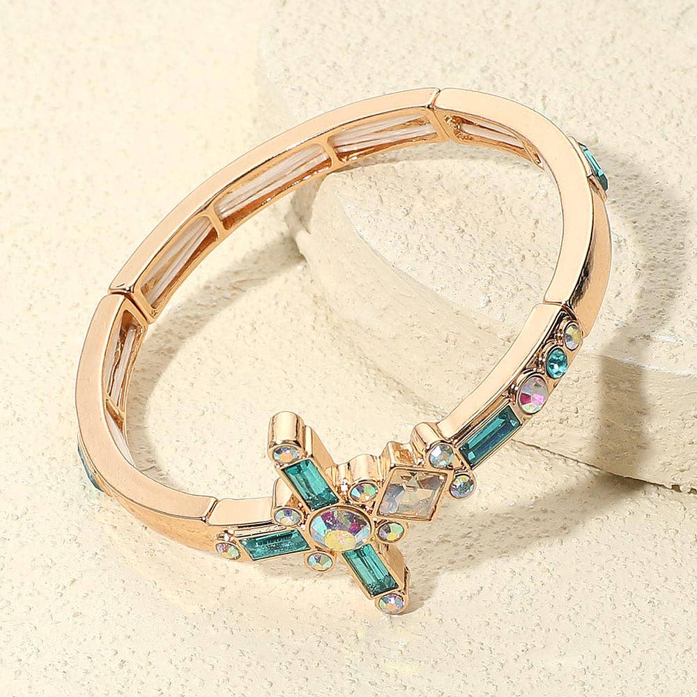 Mixed Stone Cross Accent Stretch Bracelet