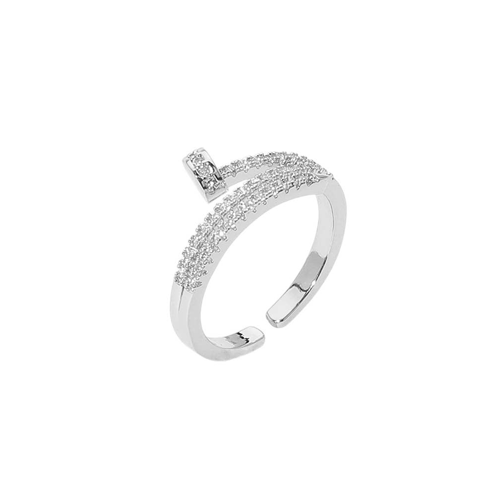 Stone Paved Nail Adjustable Ring: Clear,Rhodium