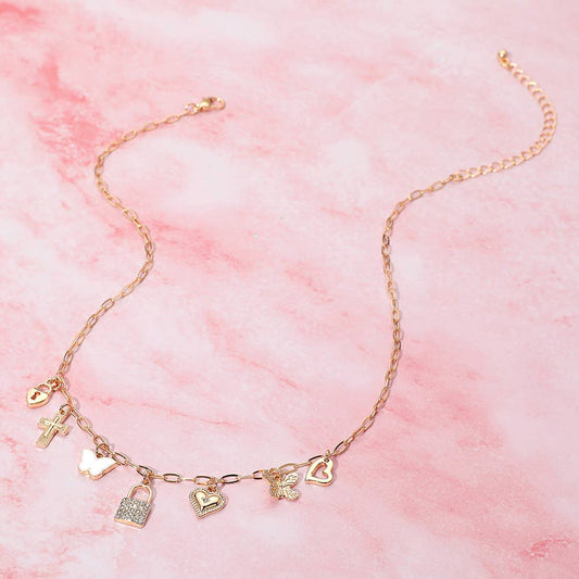 Lock Butterfly Heart Cross Charm Station Necklace: Clear,Gold