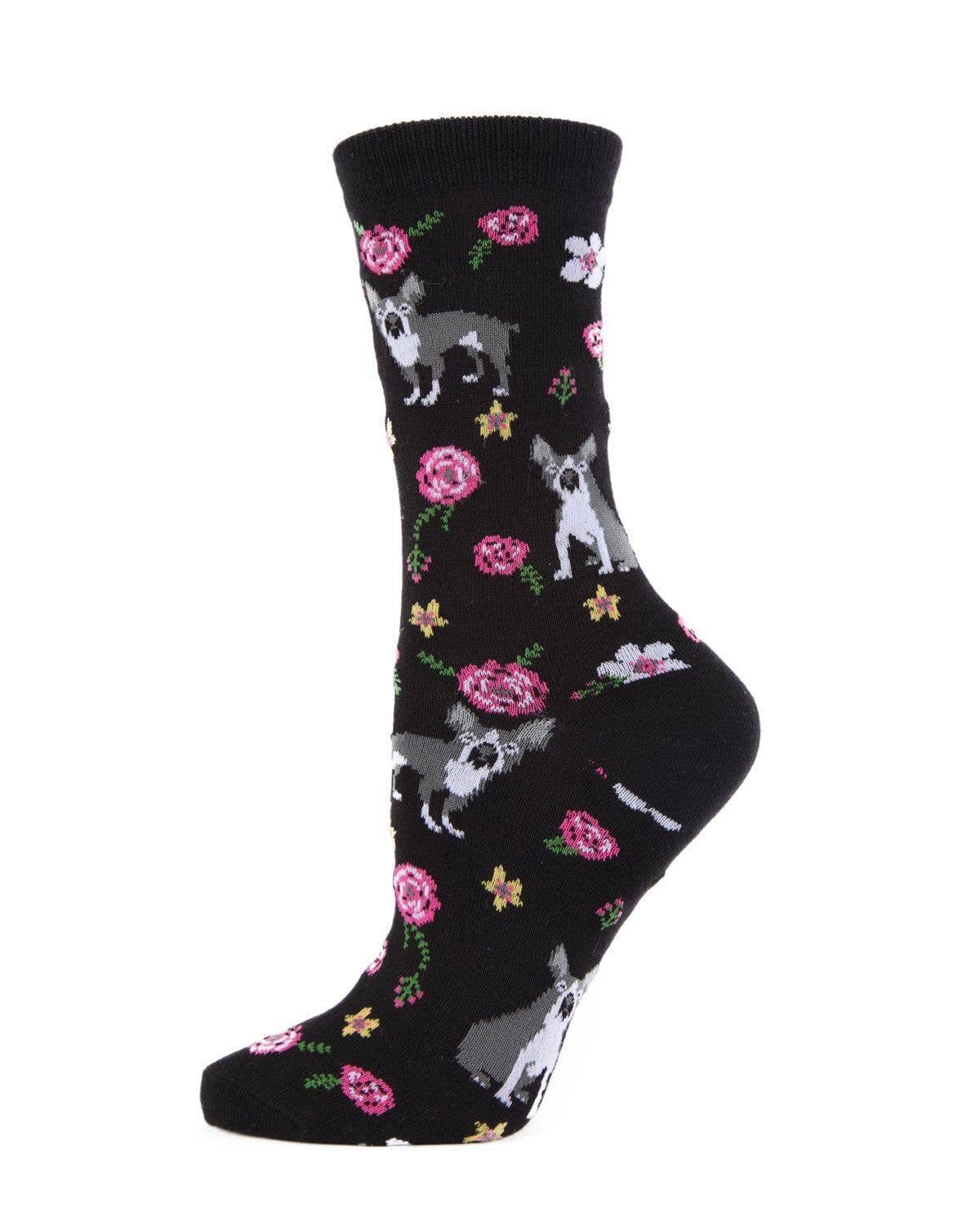 MeMoi French Bulldog and Roses Bamboo Crew Novelty Socks: Mellow Rose / 9-11