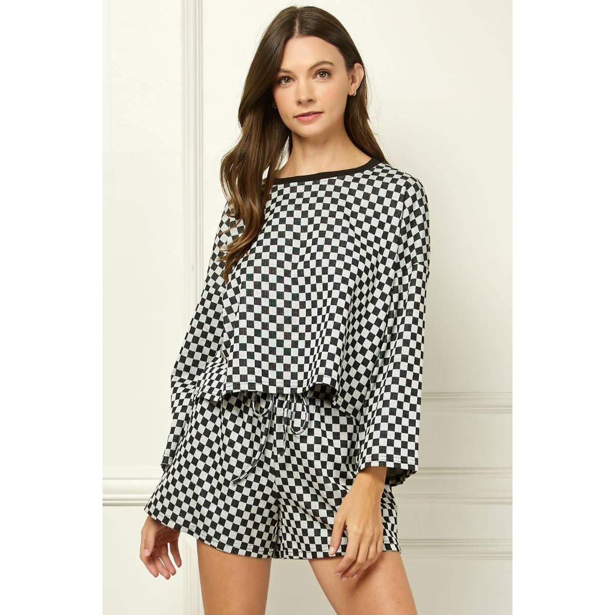 Checker Jersey Long Sleeve Top : Brown / S