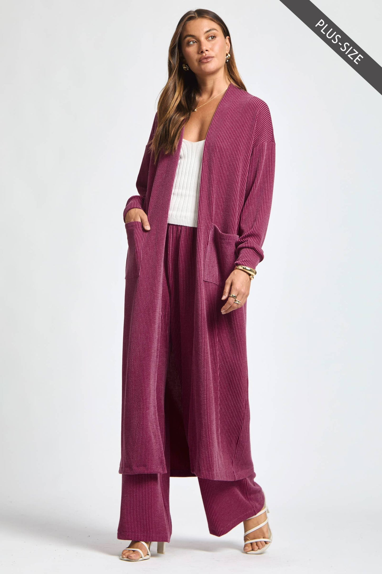 PLUS SIZE Longline Cardigan + Relaxed Pants 2 Piece Set: RED / 2X