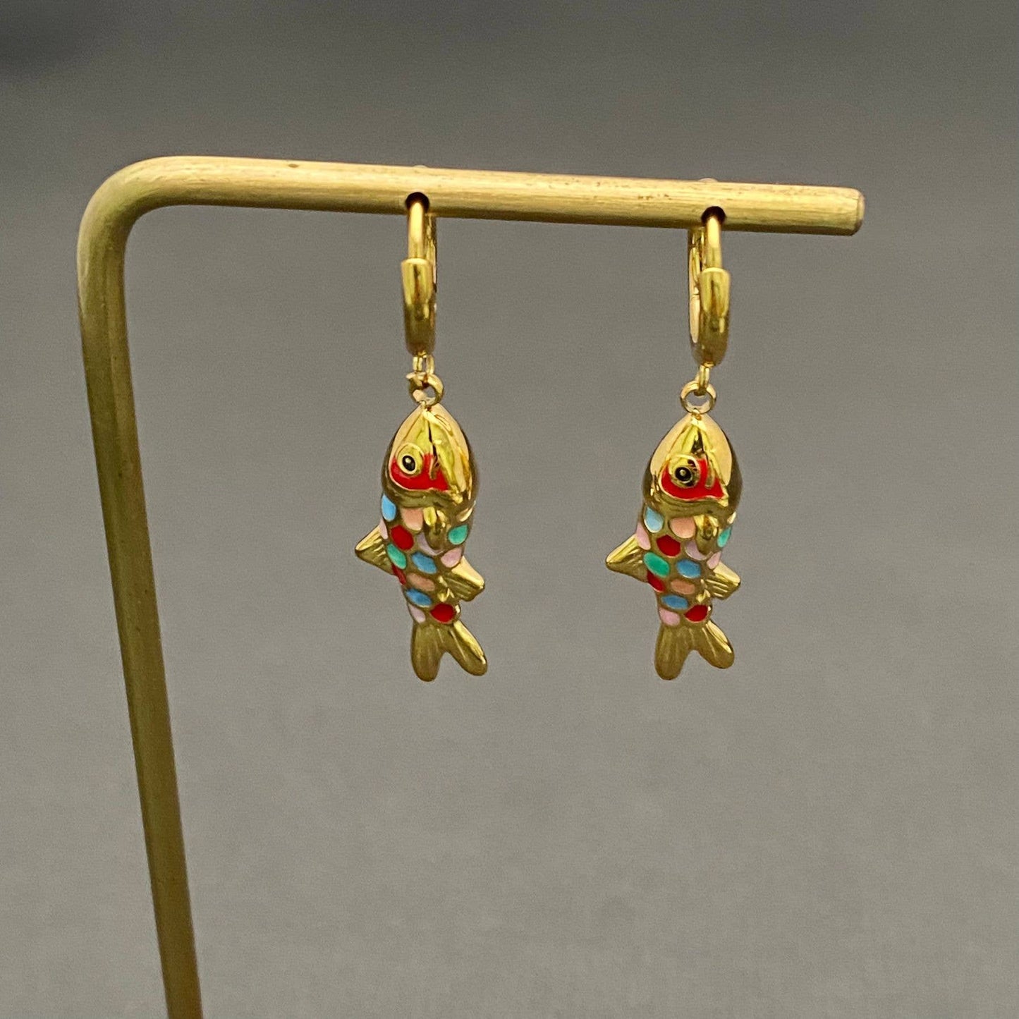 M9. Colored Enamel Fish 18K Gold Plated Huggie Earrings