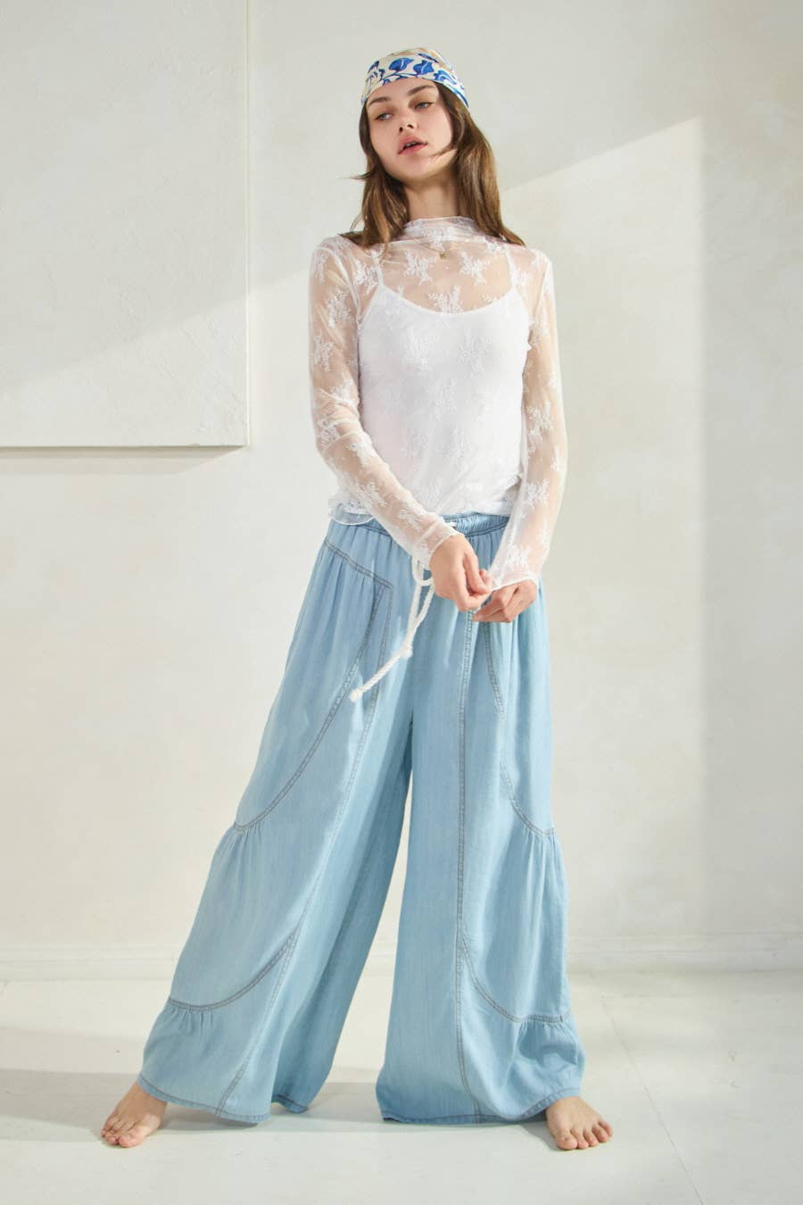 Chambray Denim Wide Palazzo Pants: Washed Dark Chambray / S