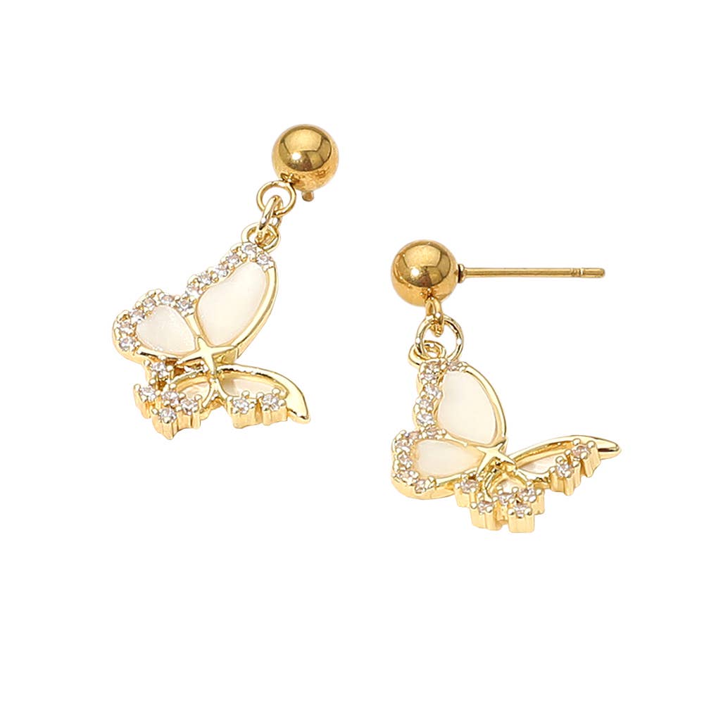 Stainless Steel CZ Stone Accent Mother of Pearl Butterfly Charm Dangle Earrings: Mother of Pearl,Silver